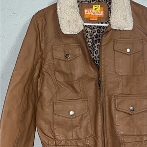 Brown Faux Leather Jacket with Sherpa Collar